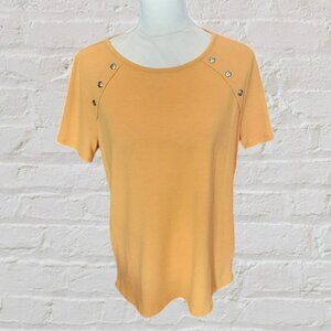 Pink Clover Marigold Colored Tee Shirt with Short Sleeves Button Embellishments…